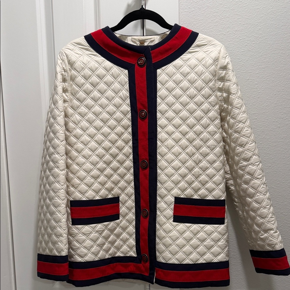 Gucci Cream Quilted Jacket with Red and Navy Trim - Picture 1 of 5